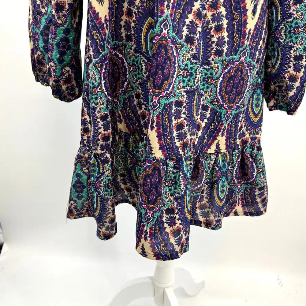 Earthbound Long Sleeve Midi Dress M Purple Paisley Y2K Tie Neck Babydoll Boho - Picture 5 of 9